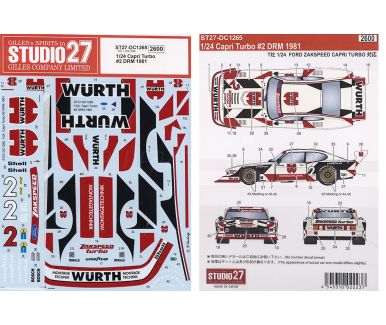 Ford Capri Turbo Group 5 Zakspeed "Wuerth - White Car" Deutsche Rennsport Meisterschaft 1981 1/24 Decal - Studio - DC1265