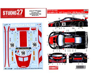 McLaren MP4-12C GT3 "Art Grand Prix" Monza 3 Hours 2014 1/24 Decal - Studio27 - DC1059