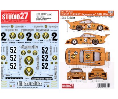 Porsche 935 K3 #2/#52 "Jaegermeister" DRM 1980-1981 Decal - Studio27 - ST27-DC1227